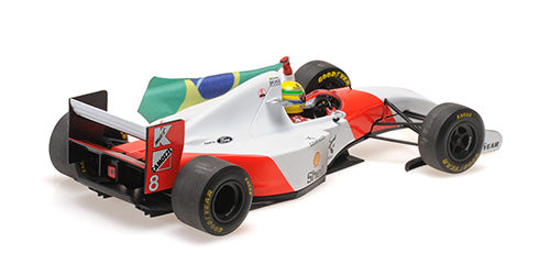 Miniatura Fórmula 1 McLaren Ford MP4/8 - Ayrton Senna - GP Europa 1993 (Com Bandeira) 25cm