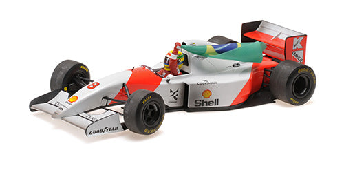 Miniatura Fórmula 1 McLaren Ford MP4/8 - Ayrton Senna - GP Europa 1993 (Com Bandeira) 25cm