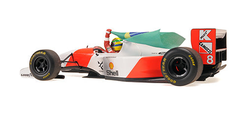 Miniatura Fórmula 1 McLaren Ford MP4/8 - Ayrton Senna - GP Europa 1993 (Com Bandeira) 25cm